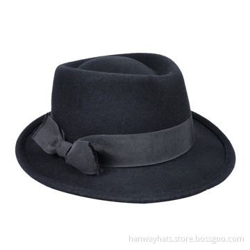 Black wool Felt Fedora Hat with GG Band and Frayed Bow TrimNew